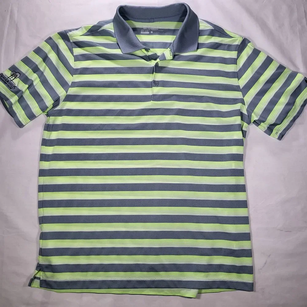 Nike Golf Tour‎ Performance Men's Large Gray Green Yellow Striped Dri-Fit Polo